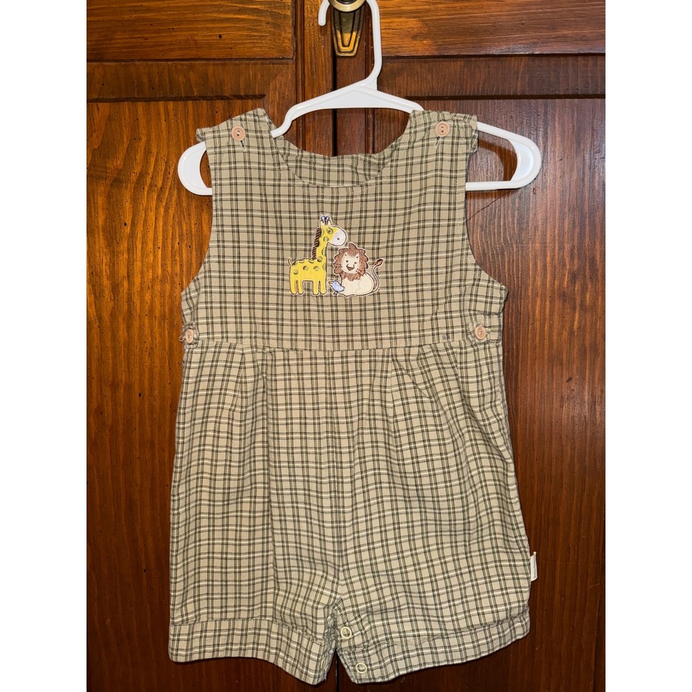 Vintage Baby  Grand  Plaid Romper Olive Green Tan Embroidered Giraffe Lion 18M